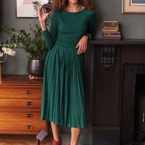 Boden Green Catherine Jersey Pleated Flared Midi Lenght Dress Size 8 L
